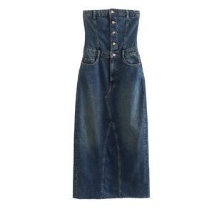 Zara Blue Denim Dress Woman Backless Long Dress Women Off Shoulder Maxi Dresses